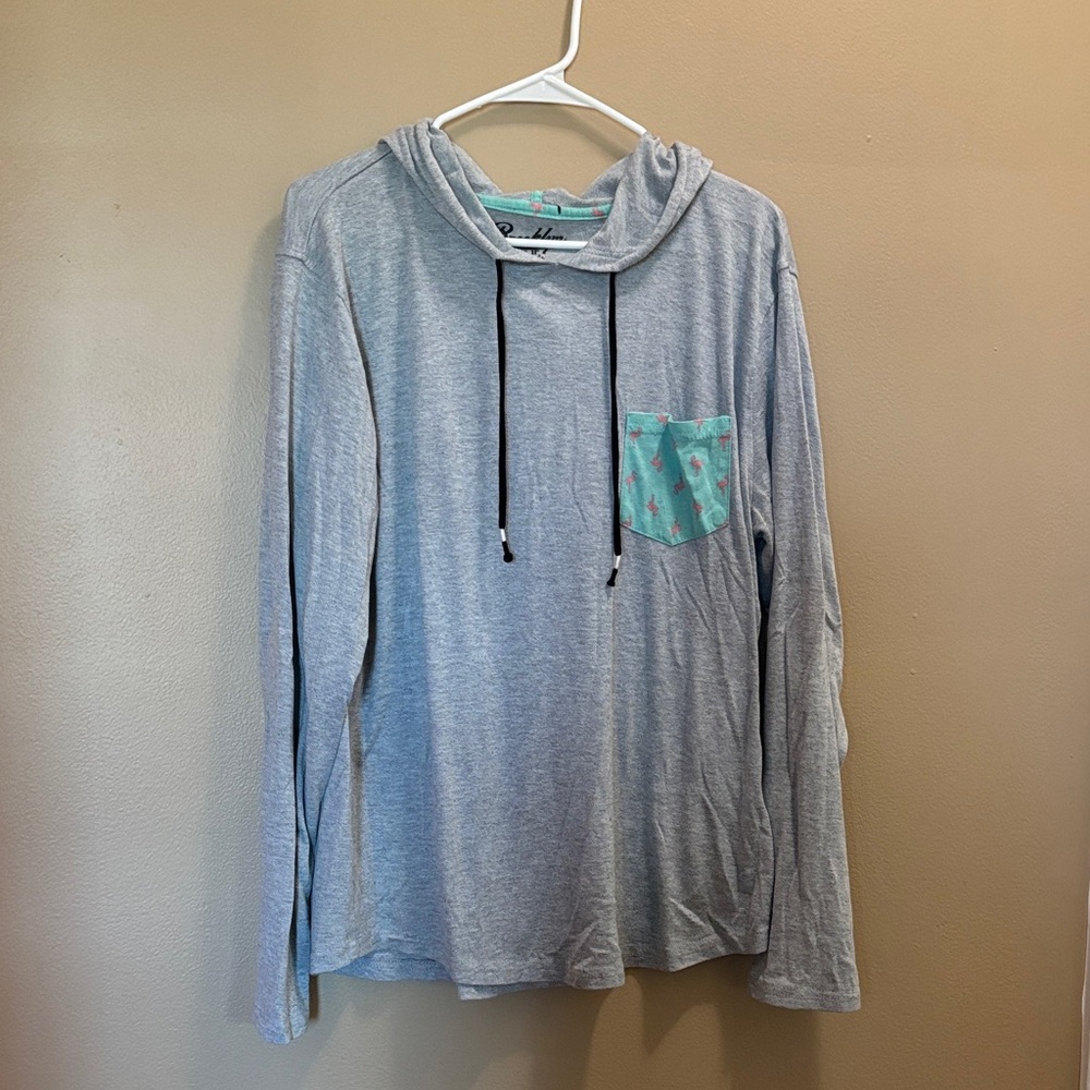 Gray Long Sleeved Hooded T-shirt with Teal Pocket